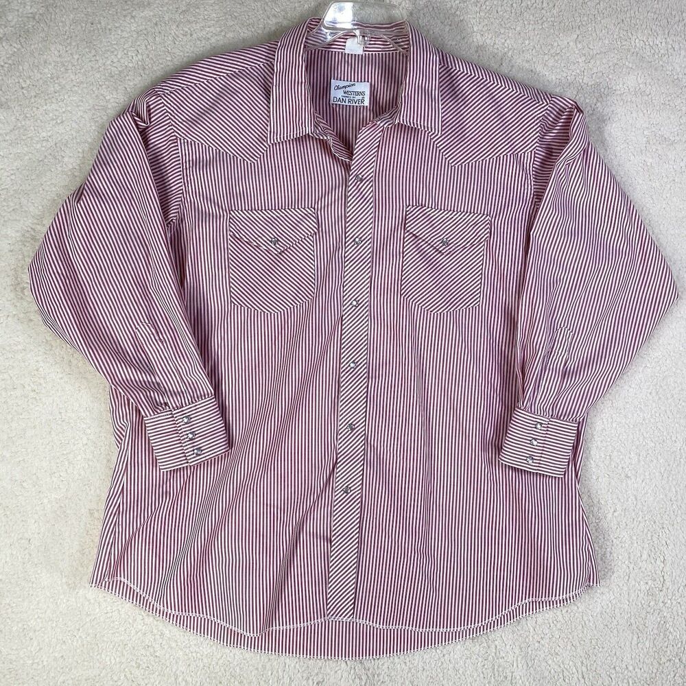 Champion Westerns Shirt Mens 19 35 Burgundy Striped Pearl Snap Good Dan River